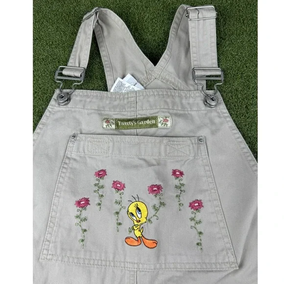 Vintage 1999 Warner Bros Tweety Bird Overalls Tan Wide Leg Carpenter Womens S - Picture 6 of 14